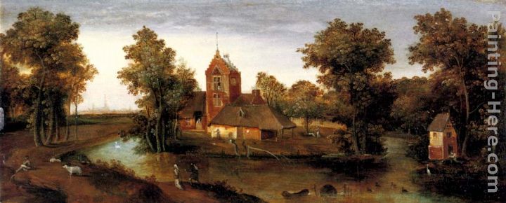 A moated tower with farmhouses painting - Abel Grimmer A moated tower with farmhouses art painting